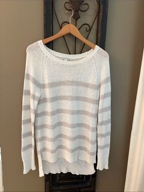 Only Mine Cream and Taupe Striped Crewneck Sweater